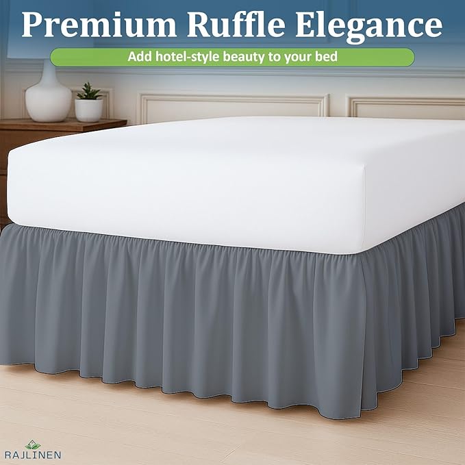 Rajlinen Ruffled Bed Skirt Queen, 16 Inch Drop Dust Ruffle with Split Corners, 100% Microfiber Bedskirt with Platform, Three-Sided Coverage Ruffled Gathering Design, Dark Grey