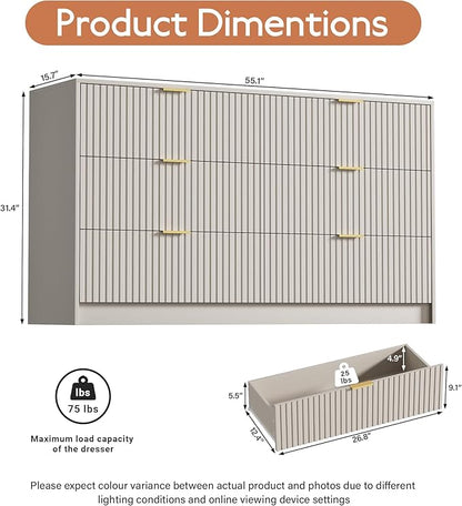Beige Dresser for Bedroom, Modern Dresser with 6 Drawers and Smooth Slides, Wide Chest of Drawers with Golden Handles for Bedroom, Living Room, Closet, 15.7" D x 55.1" W x 31.4" H
