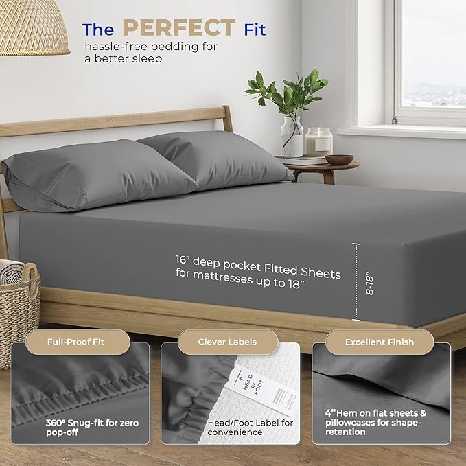 THREAD SPREAD 100% Cotton Full Size Bed Sheet Set - 400 Thread Count 4 PC Cotton Sheets for Full Size Bed, Soft, Cooling Sheets Full Size, Luxury Sheets, Fits upto 18" Deep Pocket Mattress (Dark Grey)