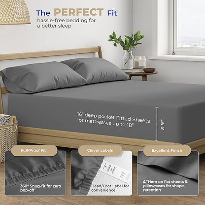 THREAD SPREAD Egyptian Cotton Sheets - 400 Thread Count 100% Cotton Twin XL Size Sheet Set, 3 PC Twin XL Sheets, Luxury Sateen, Dorm Rooms, 16" Deep Pocket Breathable Cotton Sheet (Dark Grey)