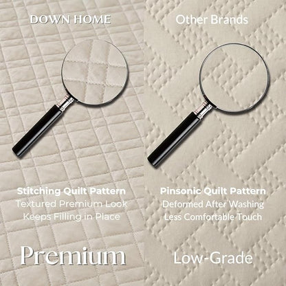 DOWN HOME Twin Quilt Set with Sham Lightweight Quilted Bedspread Coverlet Thin Comforter Bed Cover Vintage Washed Quilted Blanket for All Season, Brushed Microfiber Diamond Stitching, Beige, 66"x92"