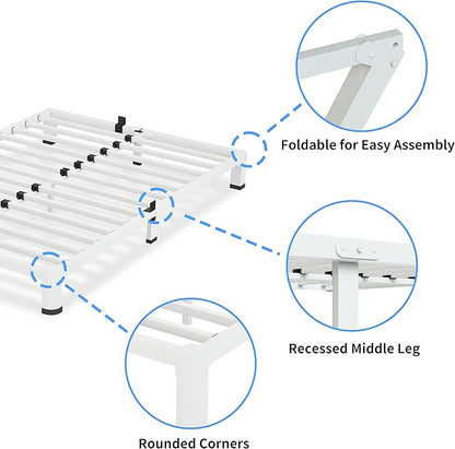 4 Inch White King Size Bed Frame, 3500Lbs Heavy Duty Metal Platform with Round Corner Legs Mattress Slide Stopper, Steel Slat Support No Box Spring Needed, Noise Free, Non-Slip, Easy Assembly