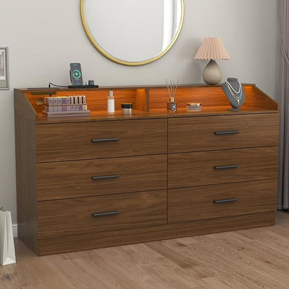 6 Drawer Dresser with Power Outlet, Chest of Drawers with LED Light, Modern Dresser with Open Storage Cubby, Double Wide Dressers Organizer for Bedroom, Living Room, Entryway,Hallway