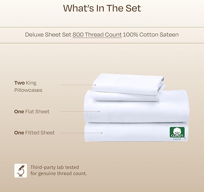 California Design Den Luxury 800 Thread Count King Size Sheets Set - 100% Cotton Sheets, Soft Sateen, Deep Pockets for a Snug Fit, Durable Bedding Set - White