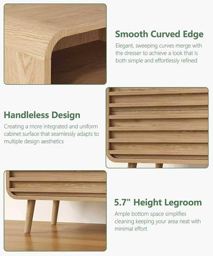 22.4"W Fluted Night Stand with 2 Drawers and Opening Shelf, RGB Nightstand with Charging Station, Wooden Bedside Table with Solid Wood Legs, End Table for Bedroom, Curved Profile Design, Natural Oak