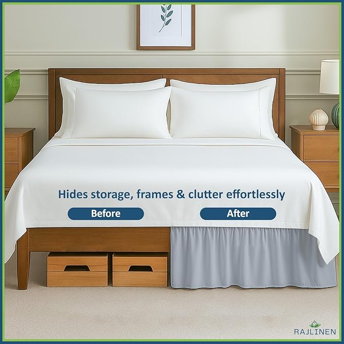 Rajlinen Ruffled Bed Skirt Twin XL, 16 Inch Drop Dust Ruffle with Split Corners, 100% Microfiber Bedskirt with Platform, Three-Sided Coverage Ruffled Gathering Design, Light Grey