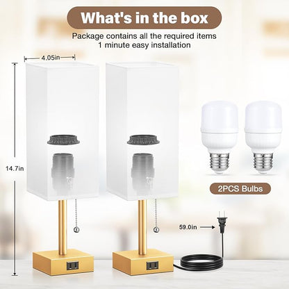 Gold Bedside Table Lamps for Bedroom - Small Nightstand Lamp Set of 2 with AC Outlet Charging Port, 3 Color Temperatures Rectangular Desk Light, Tabletop Reading Lamp for Living Room/Dorm/Office