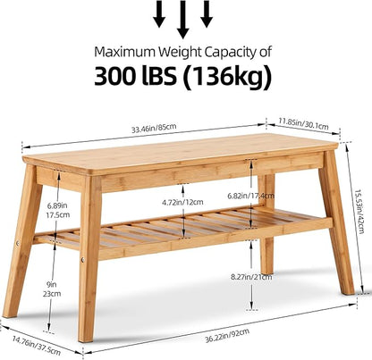 Nnewvante Bamboo Entryway Bench, 33.46" Indoor Storage Bench, Small Wood Benches for Living Room, Bedroom, Dining Room, Hallway, Outdoor Wooden Bench, Holds up to 300lbs