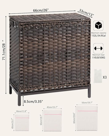 Laundry Hamper with Lid 132 L, (35 Gallons) Clothes Hamper with Lid, Handwoven Rattan Laundry Hamper with Metal Heightened Feet, Laundry Hampers with 3 Removable Liner Bags for Laundry-Brown