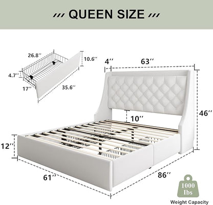 Feonase Upholstered Queen Size Bed Frame with 4 Storage Drawers, Charging Station, Tufted Wingback Storage Headboard, No Box Spring Needed, Easy Assembly, White