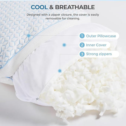 Sweetnight Cooling Pillows King Size Set of 2, Shredded Memory Foam Pillows 2 Pack for Hot Sleepers, Cold Bed Pillows for Sleeping, Washable with Removable Cover, Cool Night