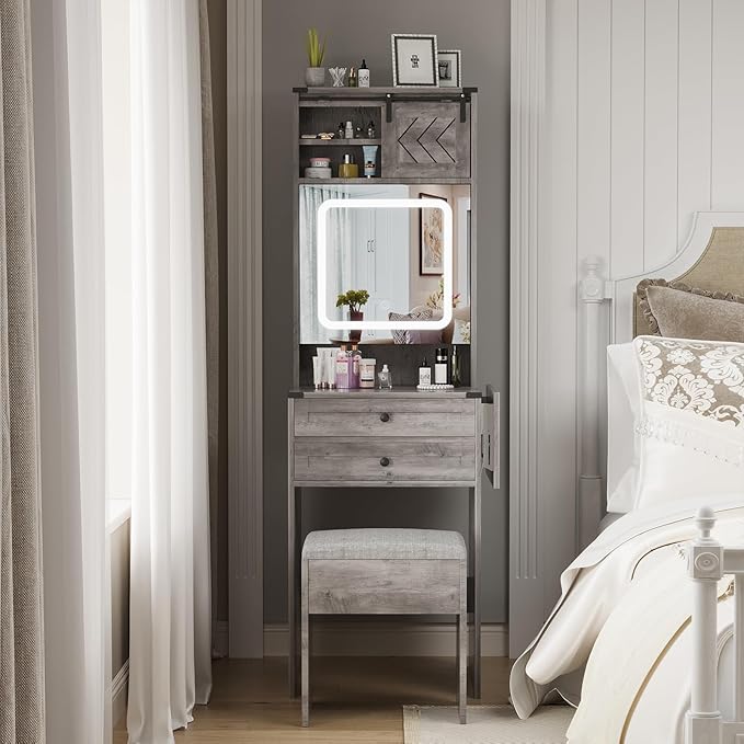 ARTETHYS Farmhouse Small Vanity Desk Set with Mirror Cabinet Compact Makeup Vanities Set with 3 Adjustable Lights and Storage Chair for Compact Space, Gray Dressing Table with Fold-up Panel