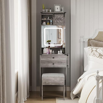 ARTETHYS Farmhouse Small Vanity Desk Set with Mirror Cabinet Compact Makeup Vanities Set with 3 Adjustable Lights and Storage Chair for Compact Space, Gray Dressing Table with Fold-up Panel