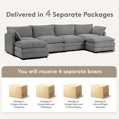 ROWHY 148'' Sectional Cloud Couch with 2 Ottomans, Oversized 4 Seat Sleeper Sofa with 2 Throw Pillows, Convertible Upholstered U Shaped Cozy Sofa Furniture Set for Living Room and Office, Dark Grey