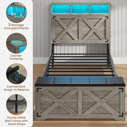 Hasuit Farmhouse Bed Frame Twin Size with Storage Headboard, Charging Station and LED Light, Wooden Twin Bed Frame with Storage Ottoman, Barn Door Design, No Box Spring Needed, No Noise (Oak Grey)