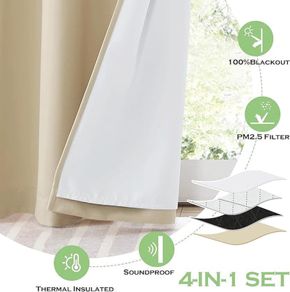 KGORGE 4-in-1 Soundproof Anti Dust 100% Blackout Curtains with Melt-Blown Layer Noise Reducing Thermal Insulating Window Drapes for Bedroom Nursery, W 52 x L 84, Beige, 2 Panels