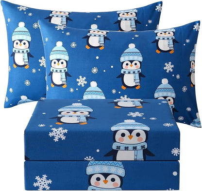 JSD Penguin Snowflakes Kids Christmas Sheet Set Full Size, 4 Piece Blue Printed Microfiber Sheets Deep Pocket