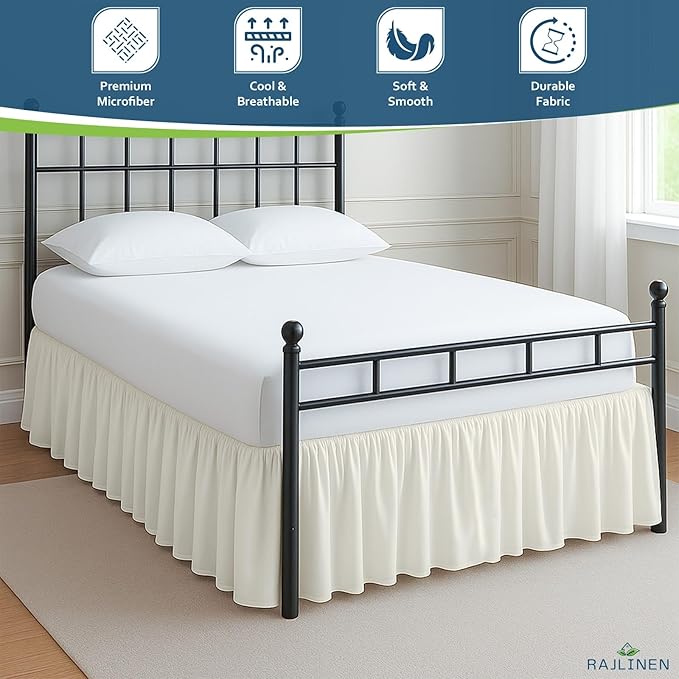 Rajlinen Ruffled Bed Skirt California King, 8 Inch Drop Dust Ruffle with Split Corners, 100% Microfiber Bedskirt with Platform, Three-Sided Coverage Ruffled Gathering Design, Ivory