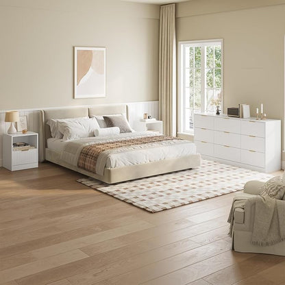 9 Drawer Dresser & Nightstand Set 3-Piece, 63” Wide Bedroom Set Night Stand Set of 2 with Metal Handle, Fluted Modern Wood Chest of Drawers Storage Dressers Set for Bedroom, White