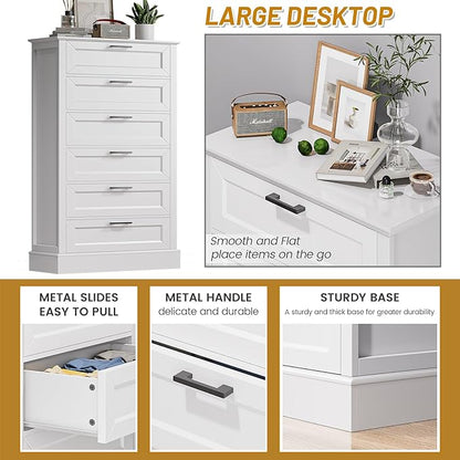 White 6 Drawer Dresser, 55 Inch Tall White Dresser for Bedroom, Modern Farmhouse Style Chest of Drawers for Bedroom Living Room, Wood Rustic Tall Clothing Organizer for Closet, Living Room, Hallway
