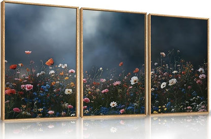 LHIUEM Large Nature Moody Floral Framed Canvas Wall Art,Abstract Dark Wall Decor,Wildflower Botanical Landscape Wall Painting,Picture Artwork for Living Room,Bedroom,Dining Room,Office -24"x36"x3