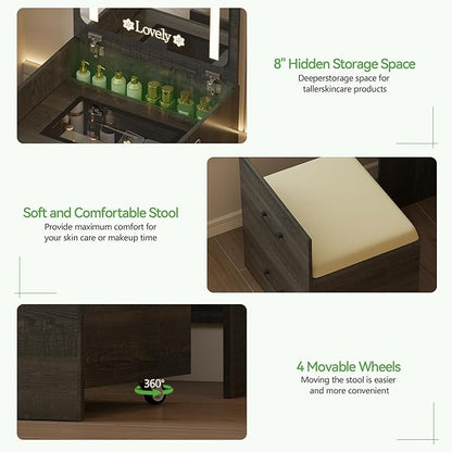 HNEBC HNEBCVanity Desk with Plip Top LED Mirror,3 in 1 Small Dressing Table Set with Visible Glass Desktop,Rustic Oaky Compact Vanity with 3 Drawers,Storage Compartment and Padded Stool,for Bedroom