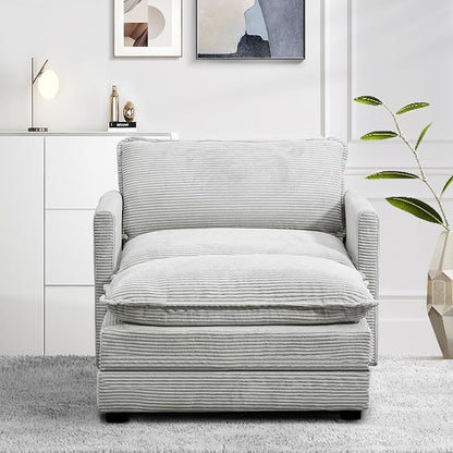 ROWHY Single Armchair with Ottoman, Modern Corduroy Cloud Couch with Convertible Chaise, Upholstered Sofa Set for Living Room, Light Grey