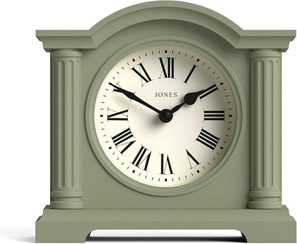 JONES CLOCKS® Kensington Mantel Clock | Classic Arch top Clock | Sage Green | Stylish & Contemporary | Ideal for Desk, Mantelpiece, Bookshelf or Bedside
