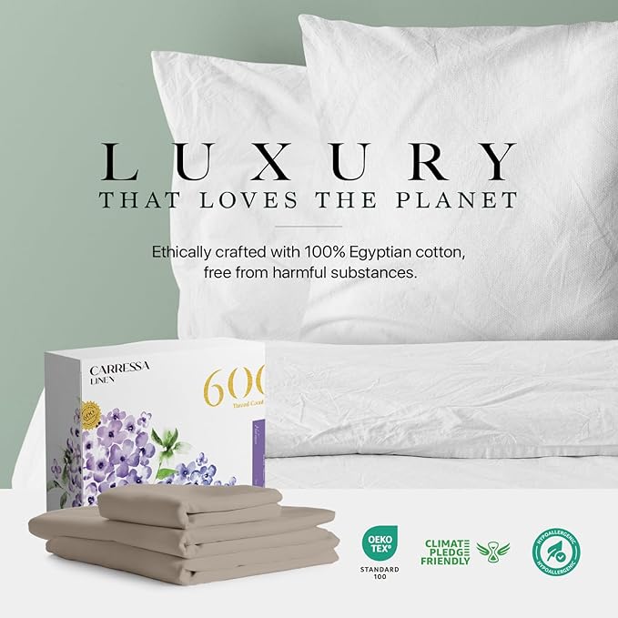Carressa Linen 100% Egyptian Cotton Twin Sheets Set - 600 Thread Count Egyptian Cotton Luxury Twin Sheets (3 PC, Cocoa Taupe), 16" Deep Pocket, Soft, Cooling, Sateen Weave College Dorm Room Bedding
