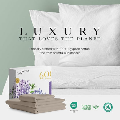 Carressa Linen 100% Egyptian Cotton Twin Sheets Set - 600 Thread Count Egyptian Cotton Luxury Twin Sheets (3 PC, Cocoa Taupe), 16" Deep Pocket, Soft, Cooling, Sateen Weave College Dorm Room Bedding