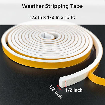 Weather Stripping Door Seal Strip, Strong Adhesive, Weatherproof, Reduce Noise, Gap Filler, Foam Insulation Tape for Doors and Windows (1/2 in x 1/2 in x 13 Ft), White
