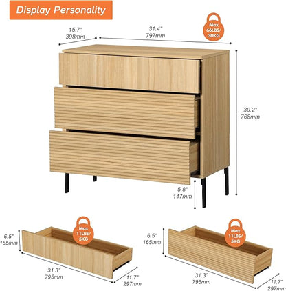 WAMPAT 31.5" W Fluted Dresser for Bedroom, Modern 3 Drawer Dresser TV Stand with Hidden Handles, Wooden Chest of Drawers Closet Clothes Storage Organizer for Bedroom, Living Room, Oak