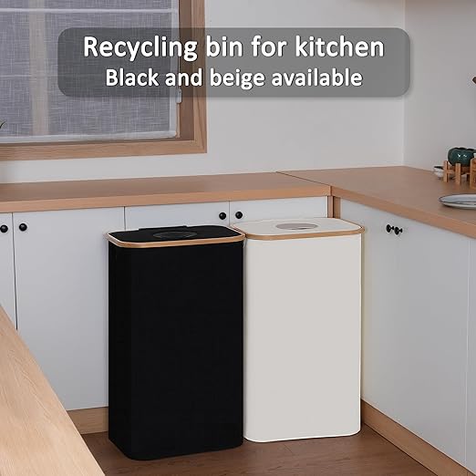 iEGrow 29 Gallons Recycling Bins for Kitchen, Indoor Recycle Bins with Lid, 110L Large Recycle bin with 2 Removeable Reusable Inner Bags, for Bottles Cans Glass Plastice Cartons(Beige)