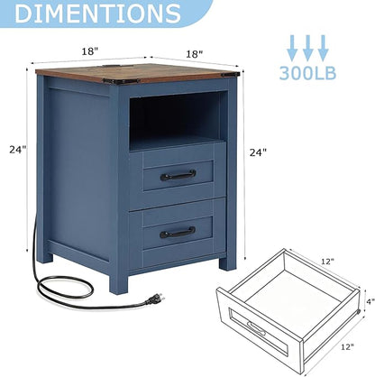 Puntogen Blue Night Stand, Rustic End Table with Charging Station, Farmhouse Tall Nightstand for Bedroom, Drawer Dresser Bedside Table with Open Storage Shelf