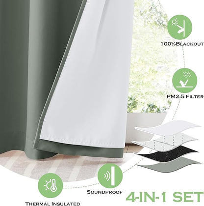 KGORGE 4-in-1 Soundproof Anti Dust 100% Blackout Curtains with Melt-Blown Layer Noise Reducing Thermal Insulating Window Drapes for Bedroom Nursery, W 52 x L 84, Sage Green, 2 Panels