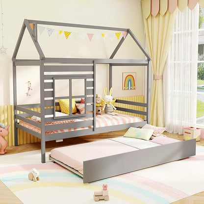 Giantex Twin House Bed with Trundle Bed, Wooden Twin Bed Frames with Roof, Chimney & Window, Montessori House Bed with Safety Guardrails for Kids, Boys, Girls, Teens (Grey)