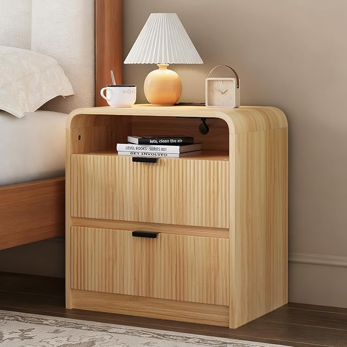 24” Fluted Nightstand with Charging Station, Modern Bedside Table with 2 Drawers, Curved Profile Design, Wooden End Table with Storage for Bedroom, Living Room, Natural Oak