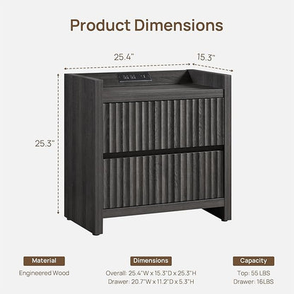 SICOTAS Night Stand Set of 2-Fluted Nightstands with Charger Station-Large Nightstand Bedside Table End Table with 2 Drawers, 25" Wide Mid Century Modern Night Stands for Bedroom-Black Oak
