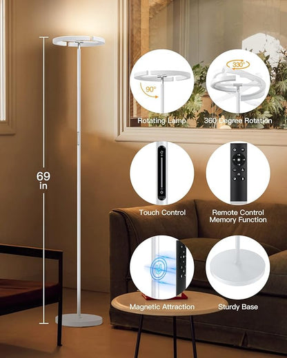 White Floor Lamp, Modern Stepless Dimmable Standing Lamp 3000-6000K, 20W LED Rotatable Reading Tall Lamp, Touch & Remote Control Uplighter Floor Lamps for Living Room Bedroom Office