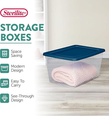 Sterilite 8 Pack Storage Boxes, Clear Plastic Stackable Containers, Lightweight Home Organizers with Snap Lids, 58 Quart, Marine Blue