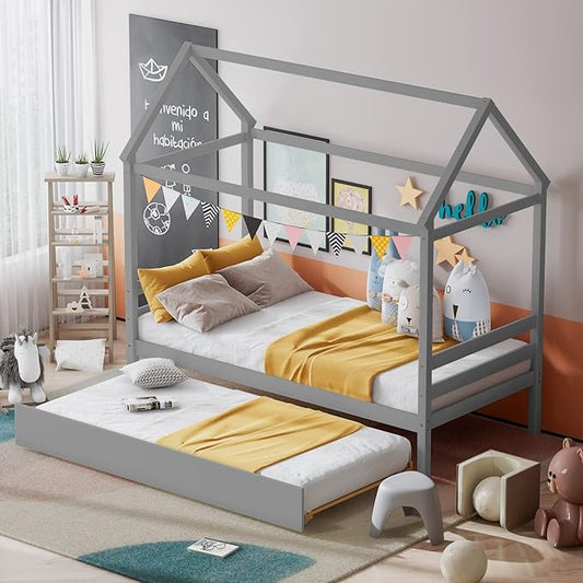 Giantex House Bed with Trundle, Solid Wood Twin Size Daybed for Girls & Boys, Kids Platform Bed Frame with Roof for Bedroom, No Box Spring Needed, Grey