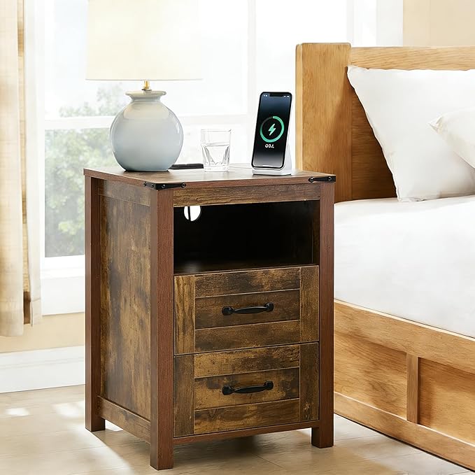 Puntogen Brown Night Stand Set of 2, Rustic End Table with Charging Station, Farmhouse Tall Nightstand for Bedroom, Drawer Dresser Bedside Table with Open Storage Shelf