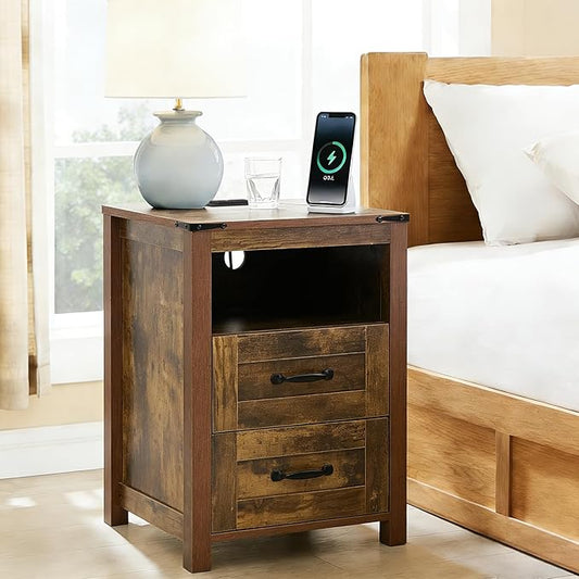 Puntogen Brown Night Stand, Rustic End Table with Charging Station, Farmhouse Tall Nightstand for Bedroom, Drawer Dresser Bedside Table with Open Storage Shelf