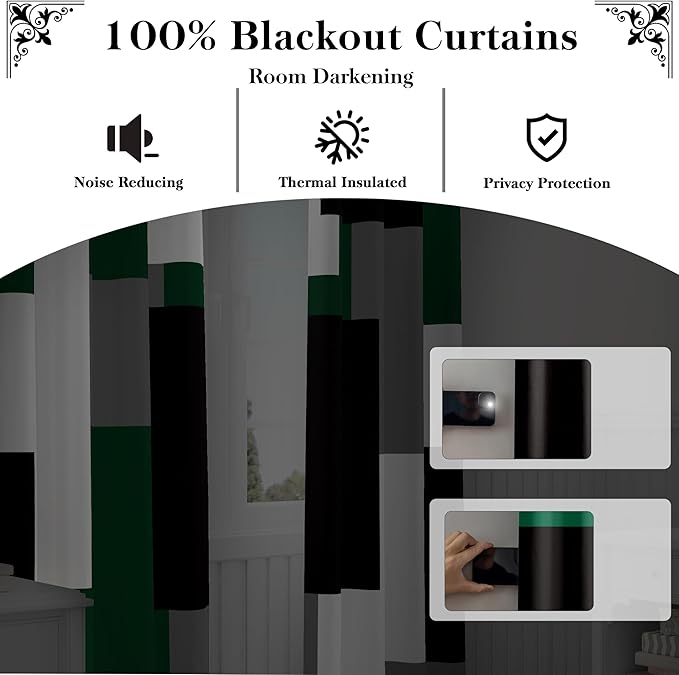 Green 100% Blackout Curtains for Bedroom 108 inch Extra Long 2 Panels Set Hunter Green Grey Modern Abstract Geometric Black Out Curtains Room Darkening Window Drapes for Living Room, 52Wx108L