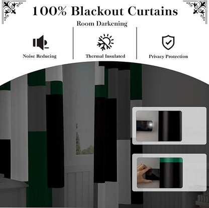 Green 100% Blackout Curtains for Bedroom 108 inch Extra Long 2 Panels Set Hunter Green Grey Modern Abstract Geometric Black Out Curtains Room Darkening Window Drapes for Living Room, 52Wx108L