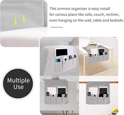 SYSOV Sofa Armrest Organizer, Remote Control Holder for Recliner Couch, Arm Chair Caddy with 6 Pockets for Magazine, Tablet, Phone, iPad (Silver Gray, W13'' x L33'')
