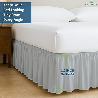 Rajlinen Ruffled Bed Skirt King, 12 Inch Drop Dust Ruffle with Split Corners, 100% Microfiber Bedskirt with Platform, Three-Sided Coverage Ruffled Gathering Design, Light Grey
