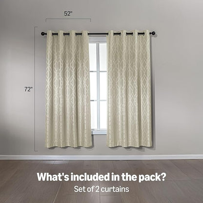 Amazon Basics Jacquard 2-Piece 100% Blackout Curtains, Living Room and Bedroom Drapes, Thermal Insulated Window Treatment, 52"x72", Beige