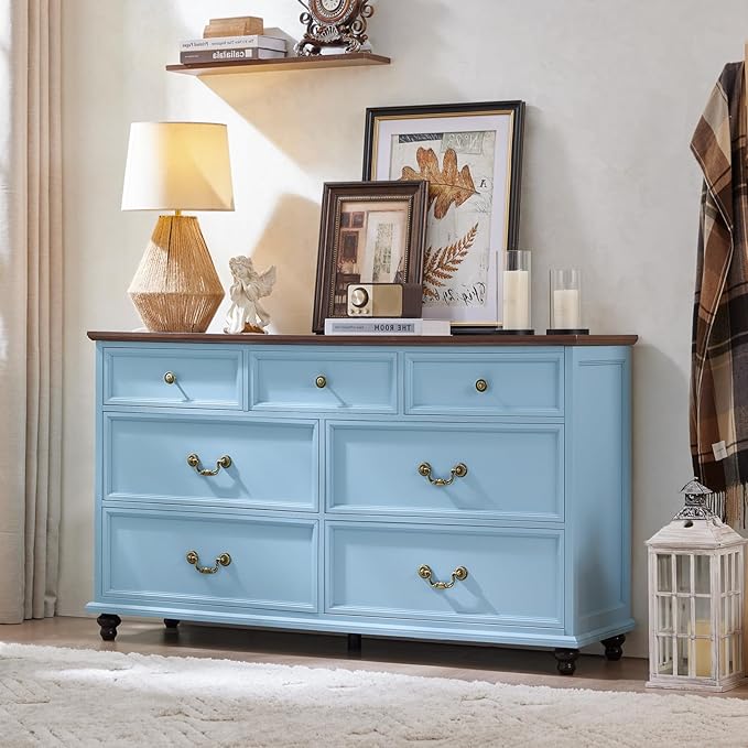24" Wide Farmhouse Nightstand Set of 2, 54" 7 Drawers Dresser, 45" Tall Rustic Chests of 5 Drawers w/ 4 Solid Wood Feet, Farmhouse Furniture Series for Living Room,Bedroom,LightBlue