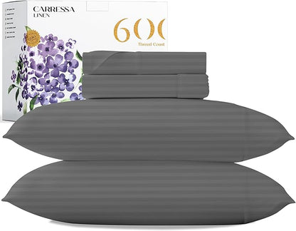Carressa Linen Luxury Egyptian Cotton California King Stripe Sheet Set, 600 Thread Count Extra Long Staple 4 PC Set, Cal King Stripe Sheets, Soft, Cooling Striped Sheets 16 in Deep Pocket - Dark Grey
